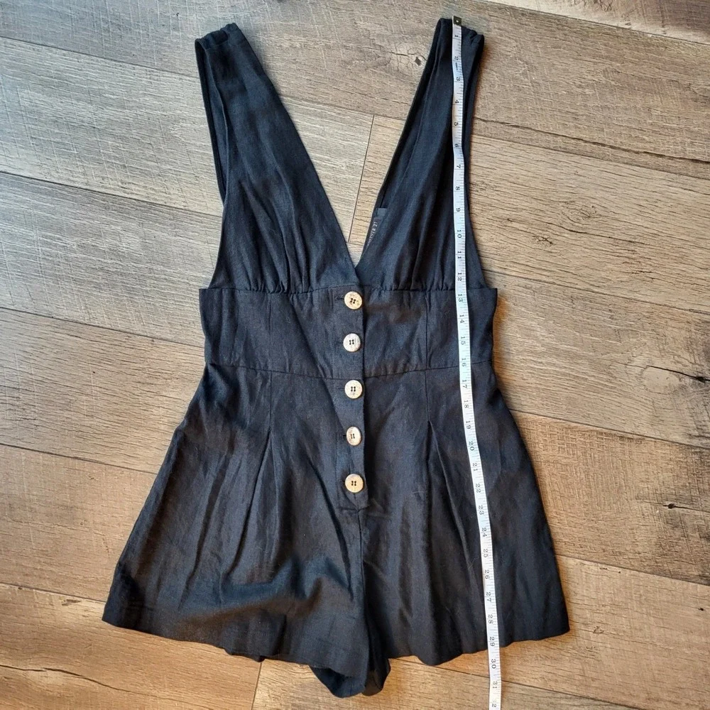 Forever 21 Contemporary Black Linen Blend Button Front V-Neck Romper Small